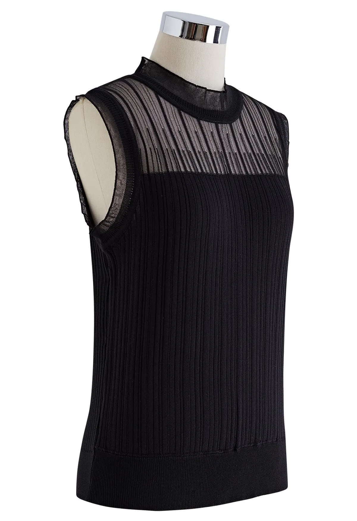 Knit Top with Ruffled Mock Neck and Mesh Detail