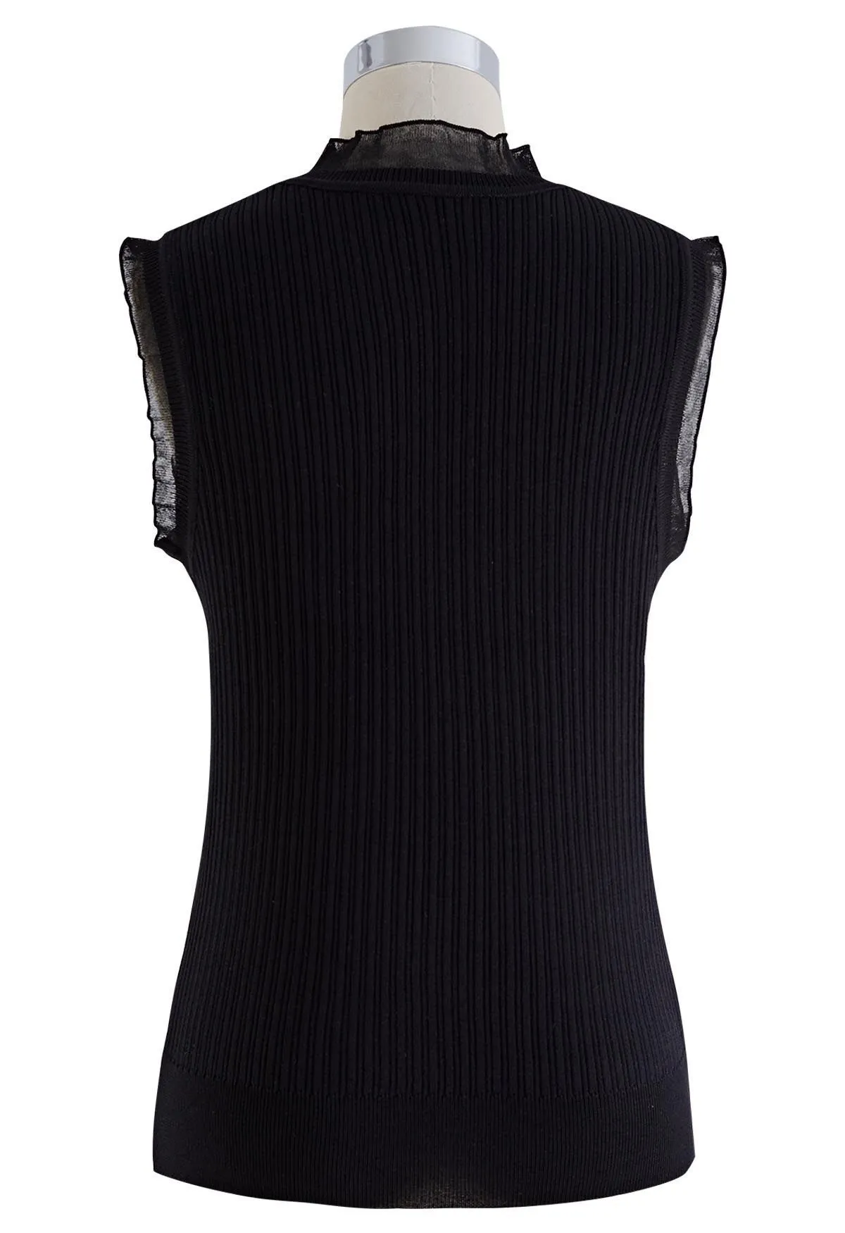 Knit Top with Ruffled Mock Neck and Mesh Detail