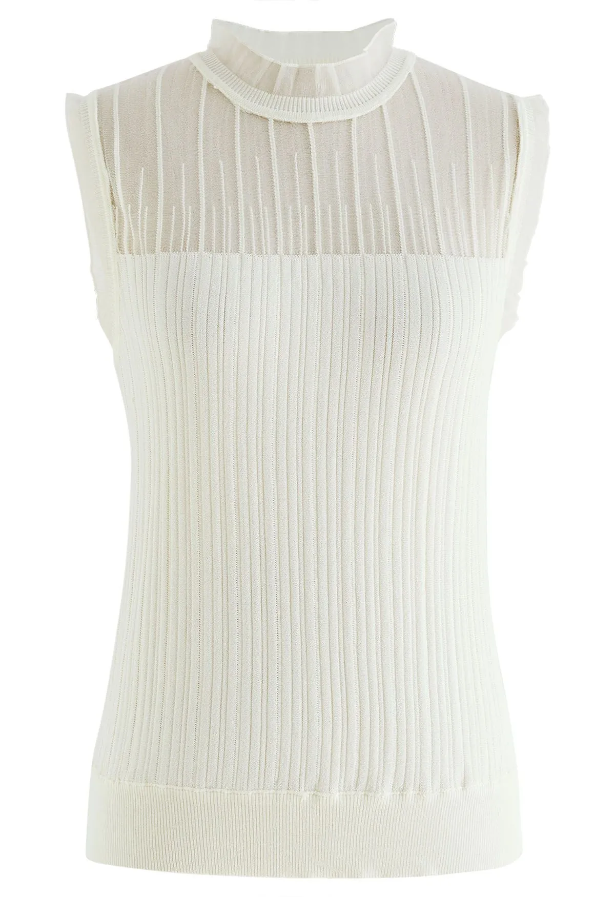 Knit Top with Ruffled Mock Neck and Mesh Detail