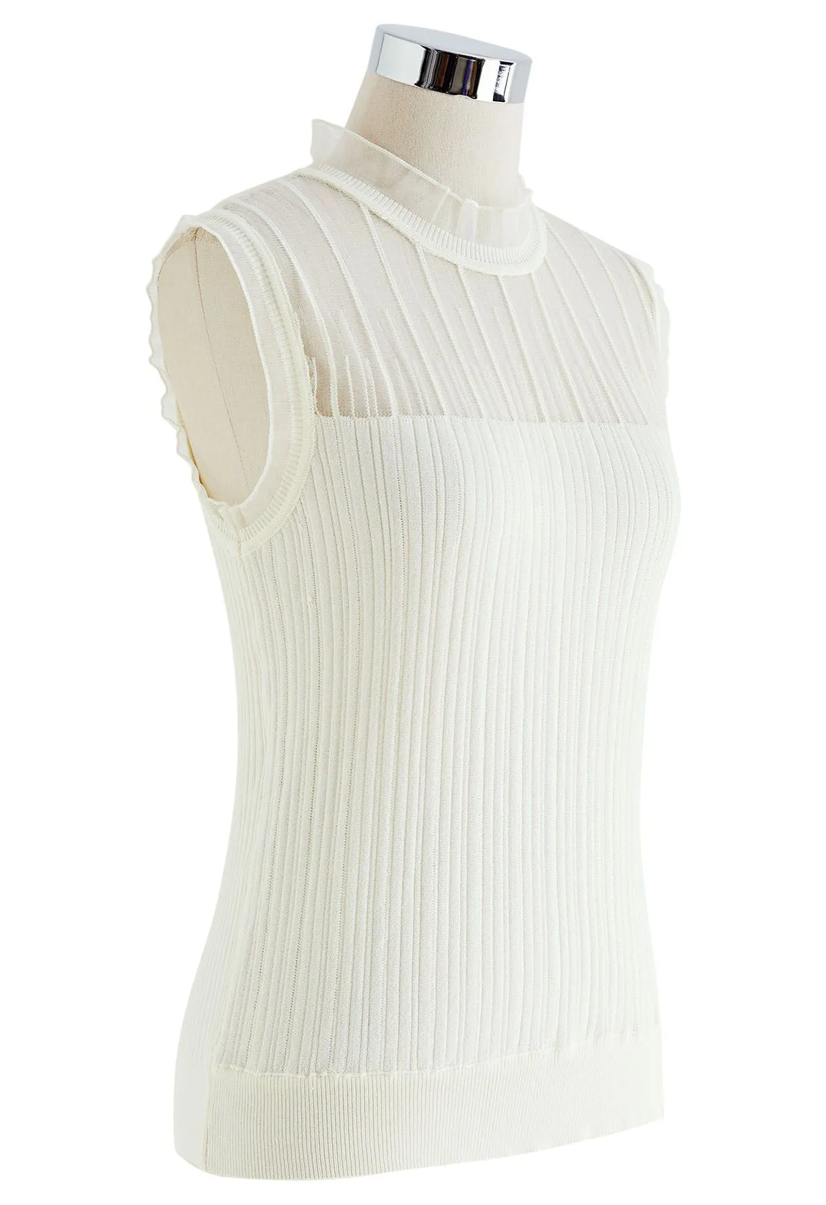 Knit Top with Ruffled Mock Neck and Mesh Detail