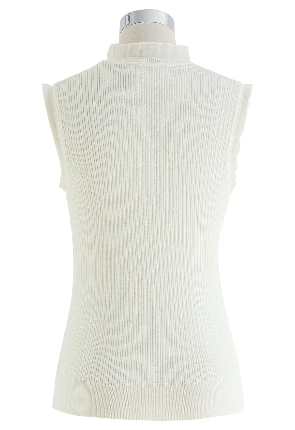 Knit Top with Ruffled Mock Neck and Mesh Detail