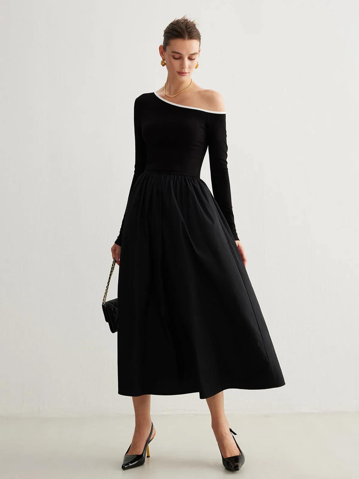 Cold-Shoulder Pockets Panel Dress Without Belt