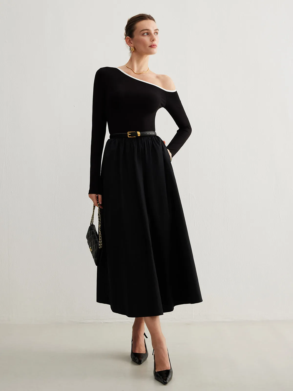 Cold-Shoulder Pockets Panel Dress Without Belt