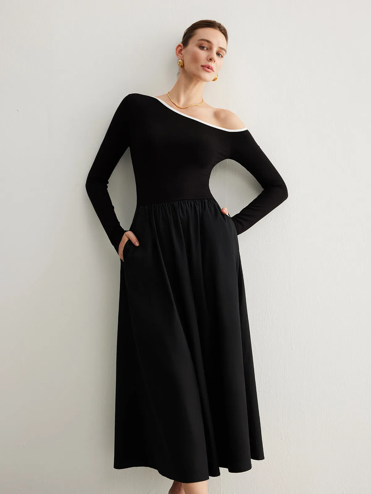 Cold-Shoulder Pockets Panel Dress Without Belt