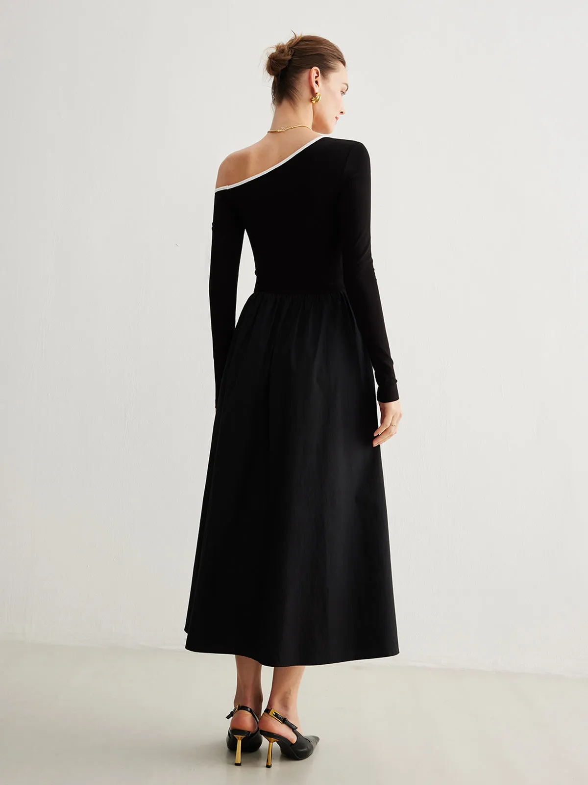 Cold-Shoulder Pockets Panel Dress Without Belt