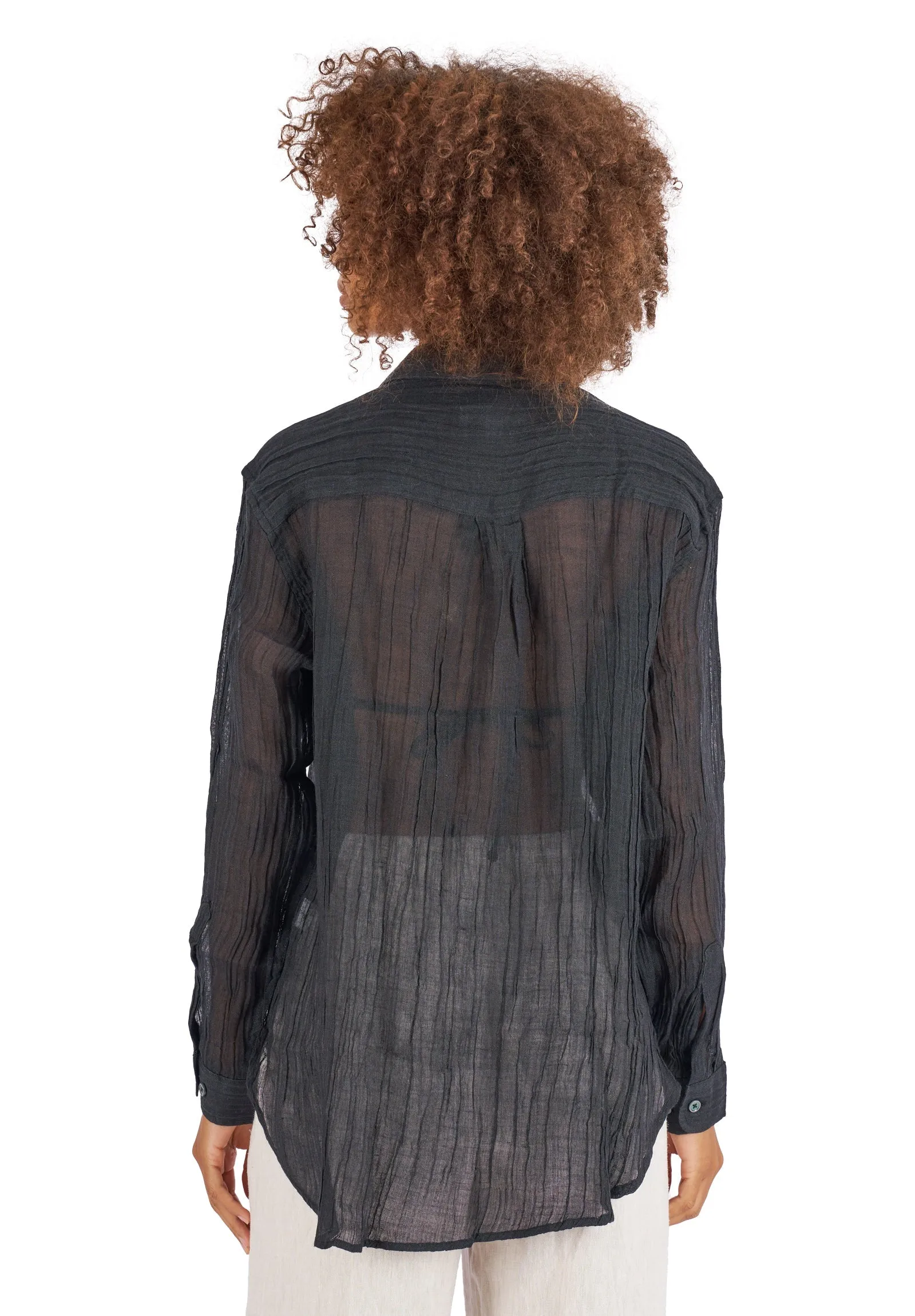 Crinkle-Shirt Black Oversized Linen Shirt