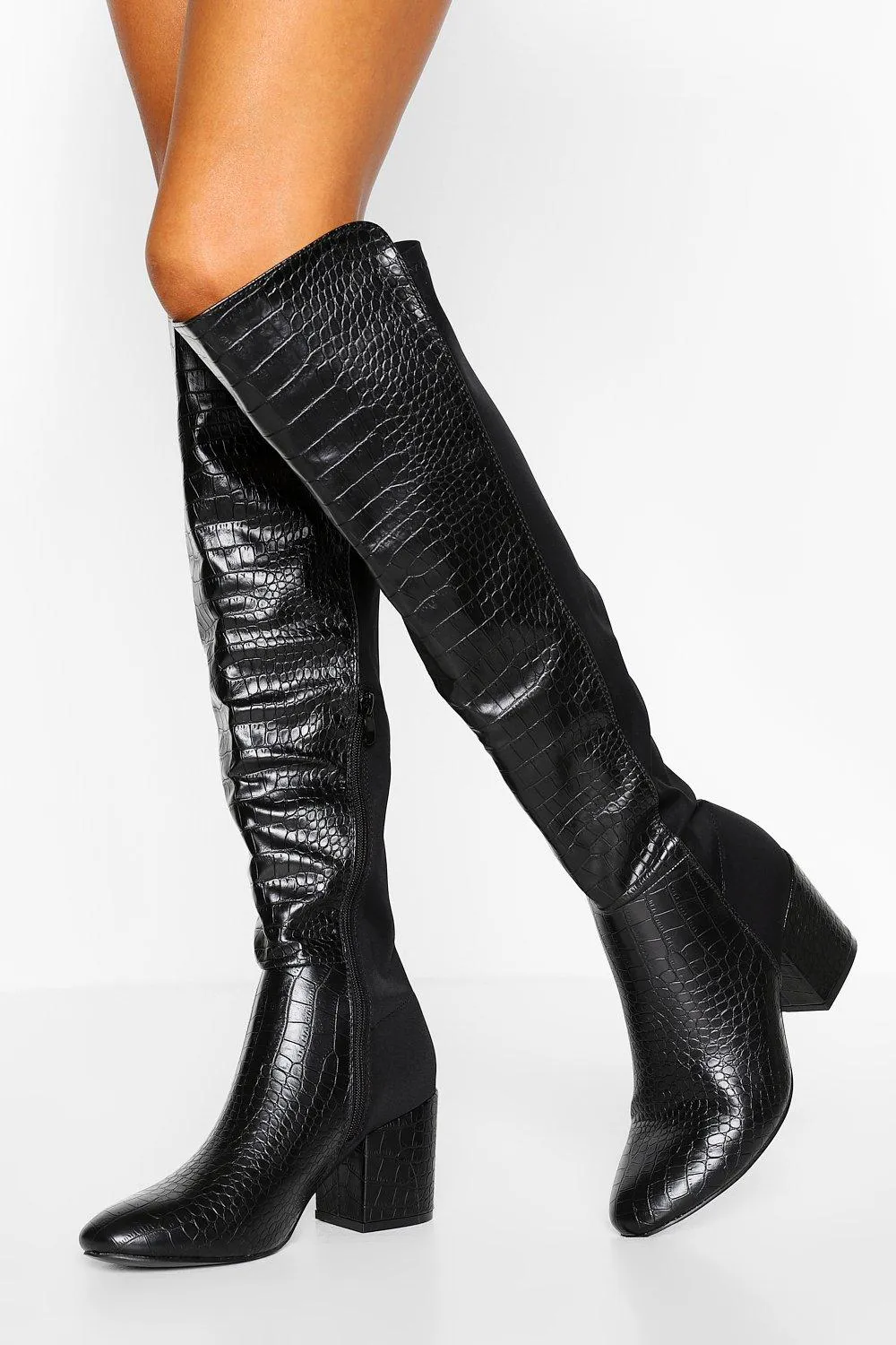 Croc Block Heel Knee High Boots