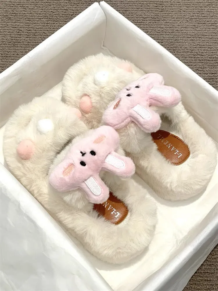 Cute and versatile rabbit thick-soled fur slippers for women's outer wear 2023 autumn and winter new comfortable one-line cotton