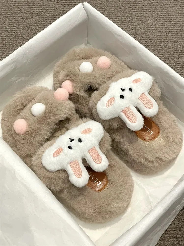 Cute and versatile rabbit thick-soled fur slippers for women's outer wear 2023 autumn and winter new comfortable one-line cotton