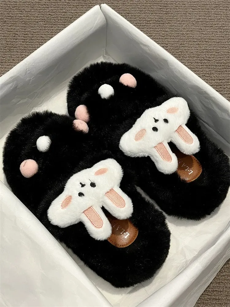 Cute and versatile rabbit thick-soled fur slippers for women's outer wear 2023 autumn and winter new comfortable one-line cotton