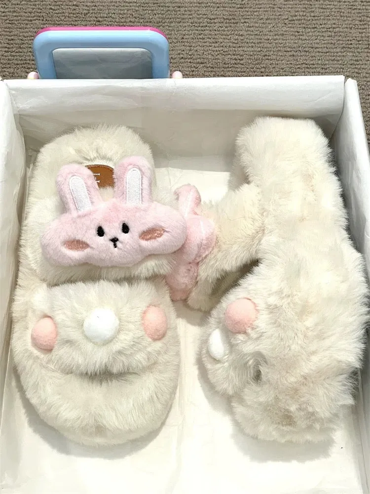 Cute and versatile rabbit thick-soled fur slippers for women's outer wear 2023 autumn and winter new comfortable one-line cotton