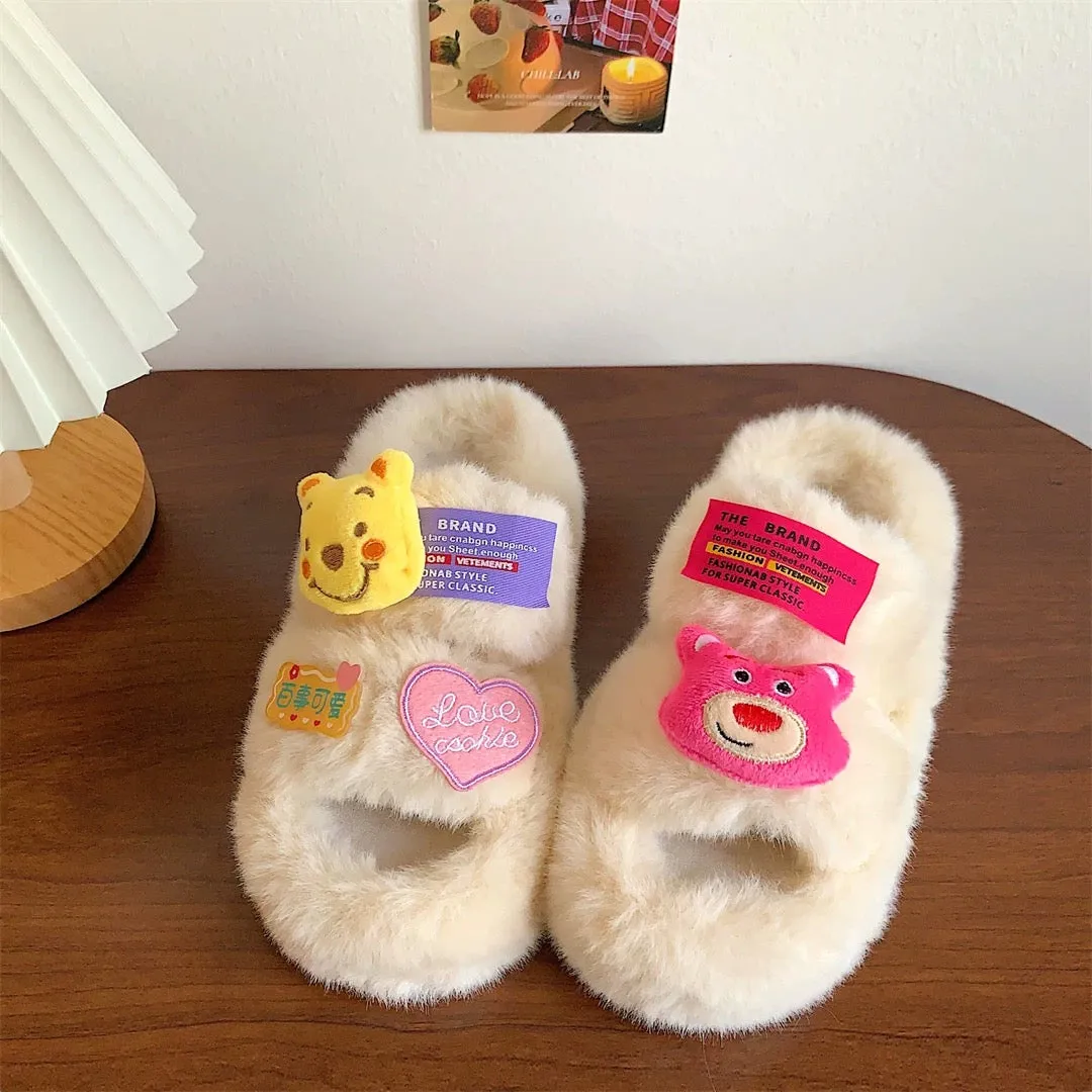 Cute cartoon bear slippers for women to wear outside ins trendy 2024 spring new thick-soled non-slip one-word furry slippers