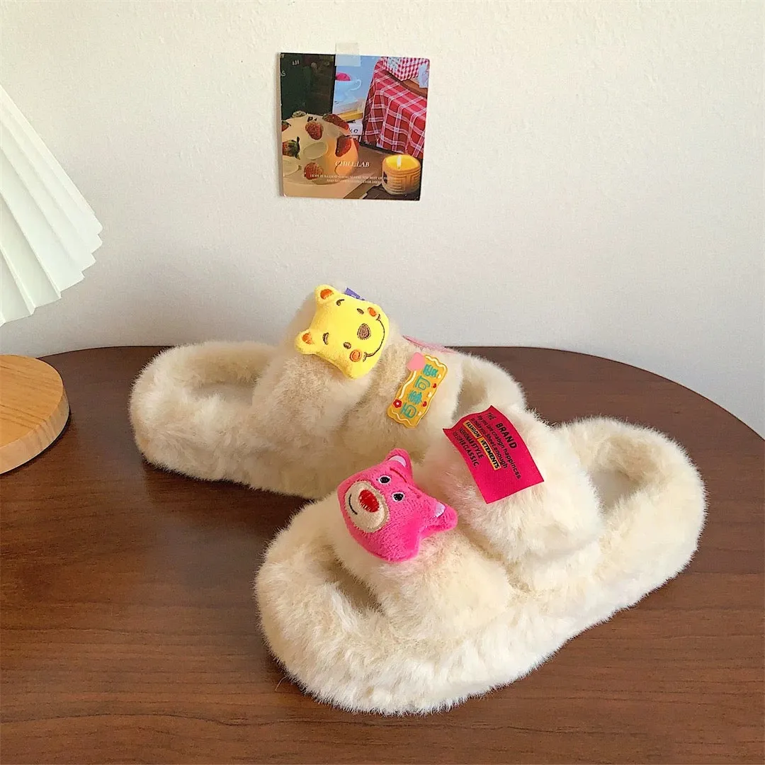 Cute cartoon bear slippers for women to wear outside ins trendy 2024 spring new thick-soled non-slip one-word furry slippers