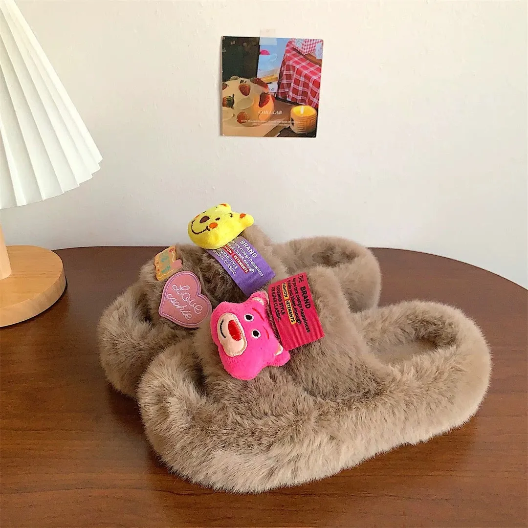 Cute cartoon bear slippers for women to wear outside ins trendy 2024 spring new thick-soled non-slip one-word furry slippers