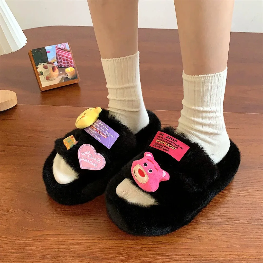 Cute cartoon bear slippers for women to wear outside ins trendy 2024 spring new thick-soled non-slip one-word furry slippers