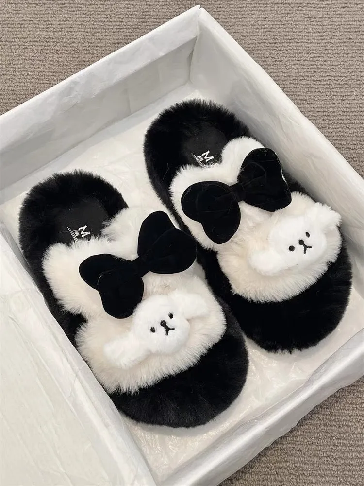 Cute thick-soled heightening sweet bow furry slippers for women 2024 autumn new fashion versatile slippers