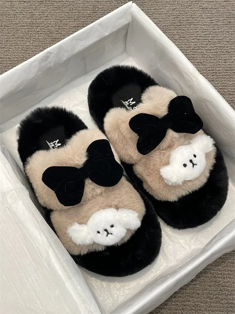 Cute thick-soled heightening sweet bow furry slippers for women 2024 autumn new fashion versatile slippers