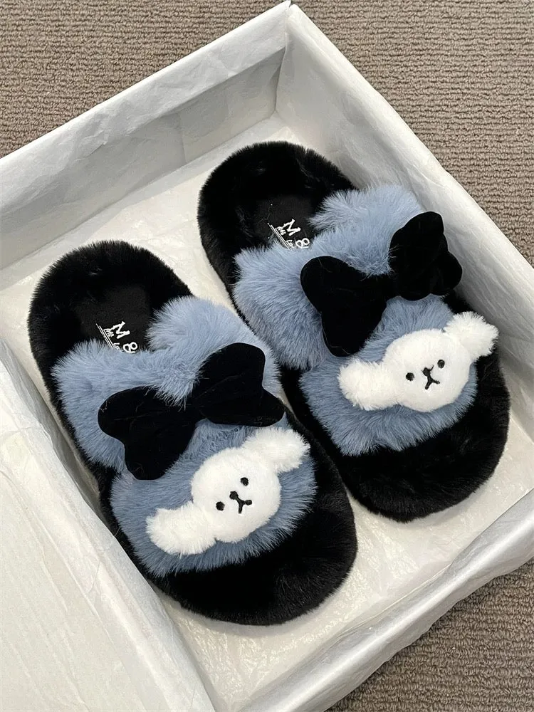 Cute thick-soled heightening sweet bow furry slippers for women 2024 autumn new fashion versatile slippers