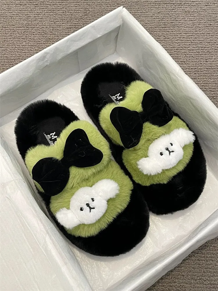 Cute thick-soled heightening sweet bow furry slippers for women 2024 autumn new fashion versatile slippers