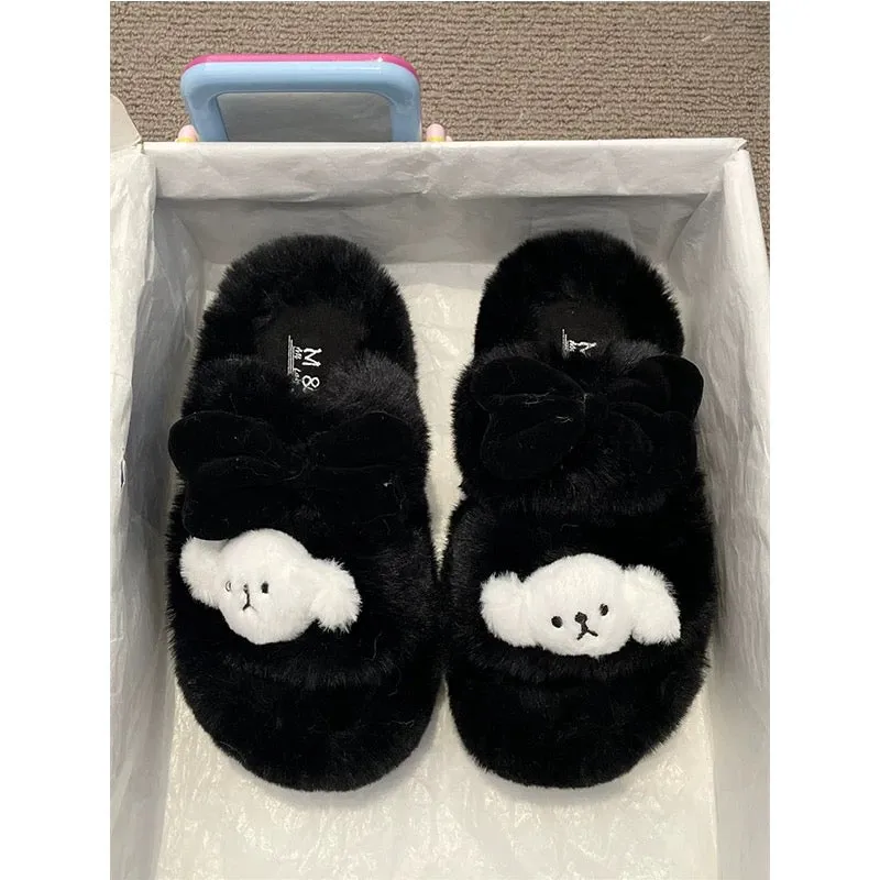 Cute thick-soled heightening sweet bow furry slippers for women 2024 autumn new fashion versatile slippers