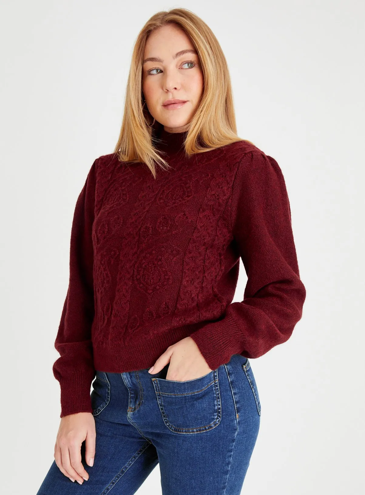 Dark Red Cable Design High Neck Jumper - Buy Online at Tu - Size S