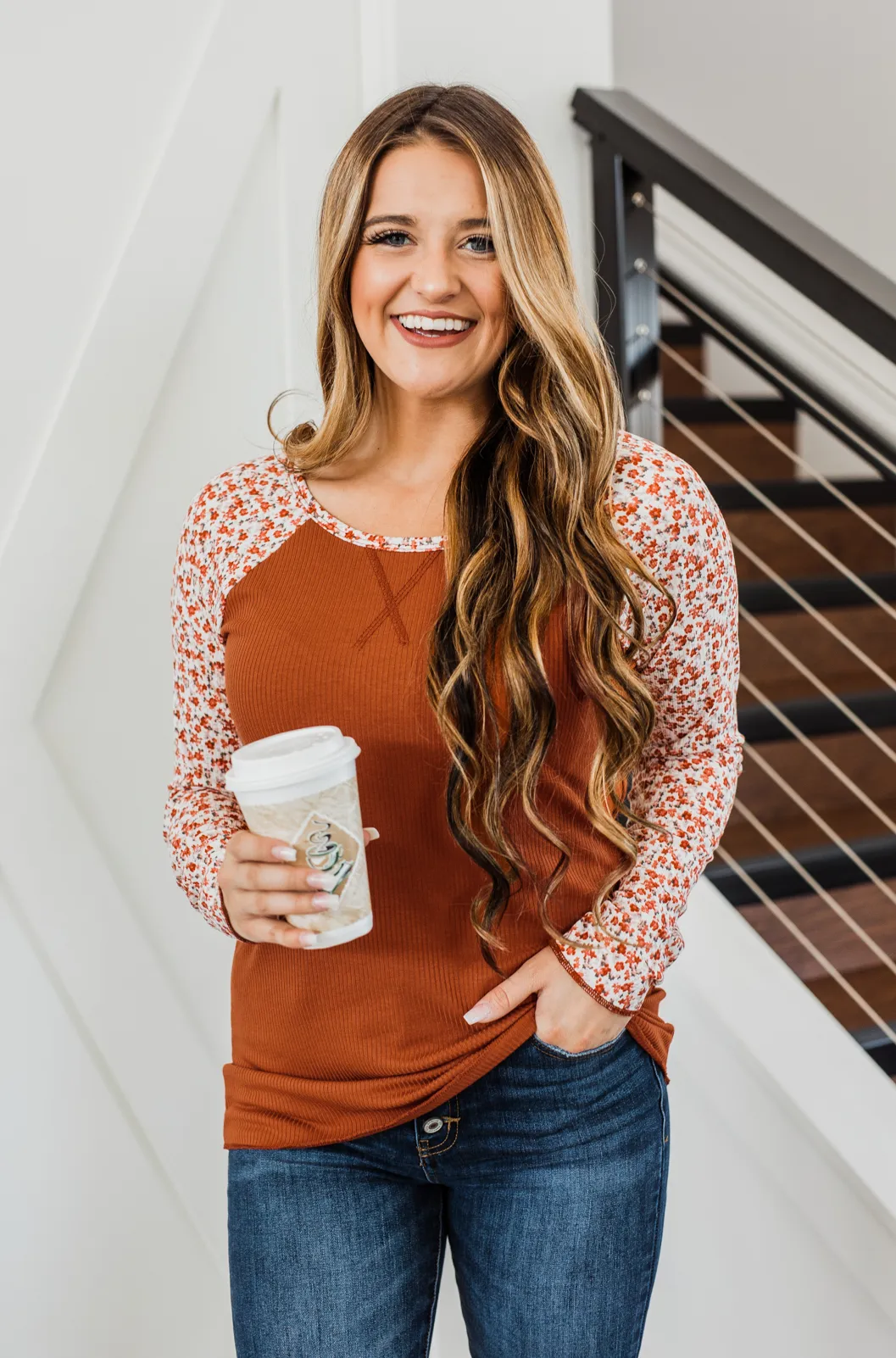 Rust Floral Ribbed Knit Top