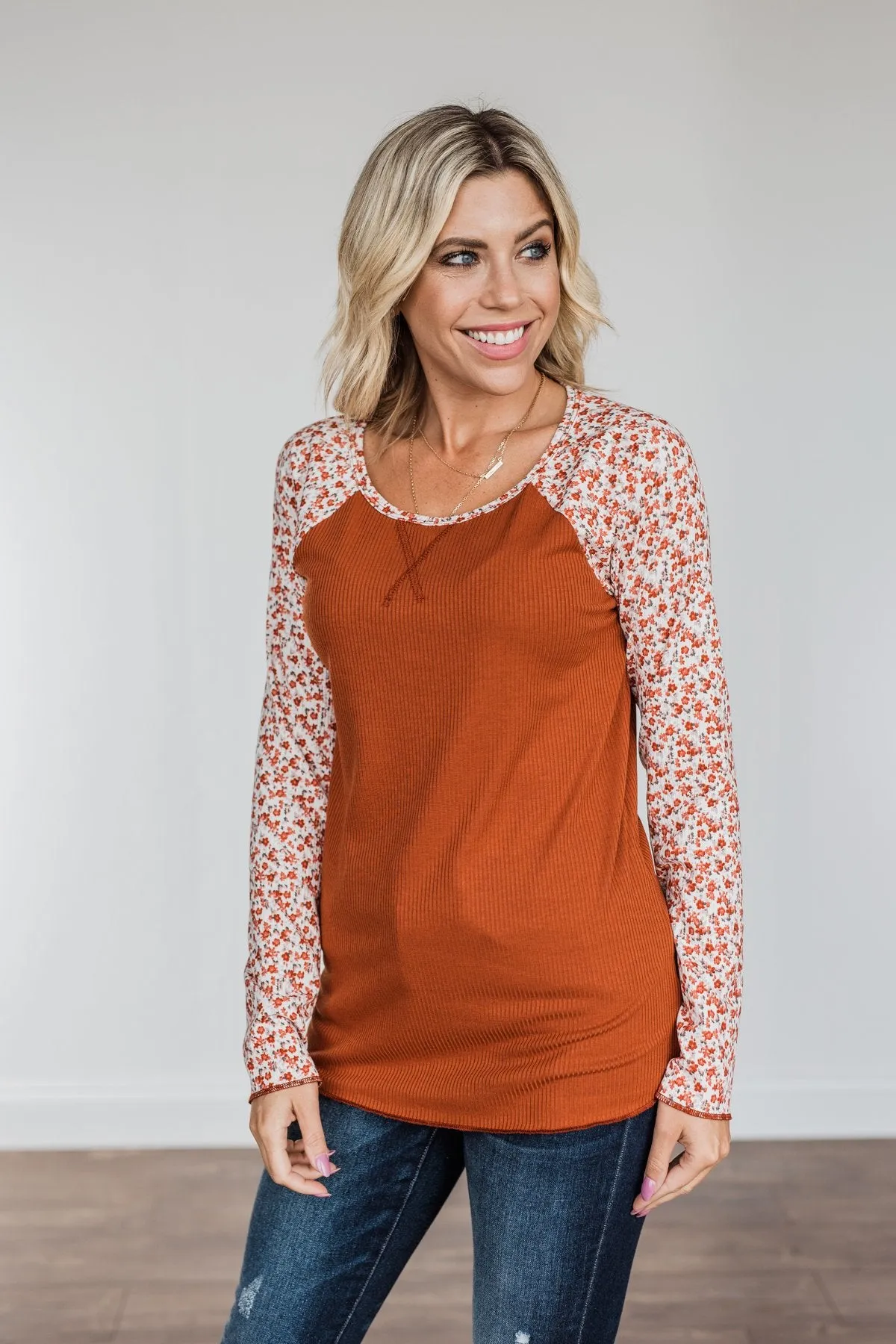 Rust Floral Ribbed Knit Top