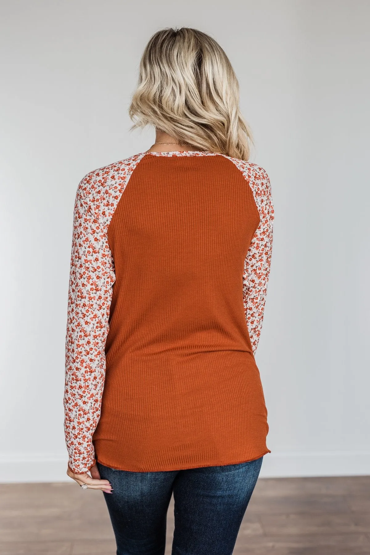 Rust Floral Ribbed Knit Top