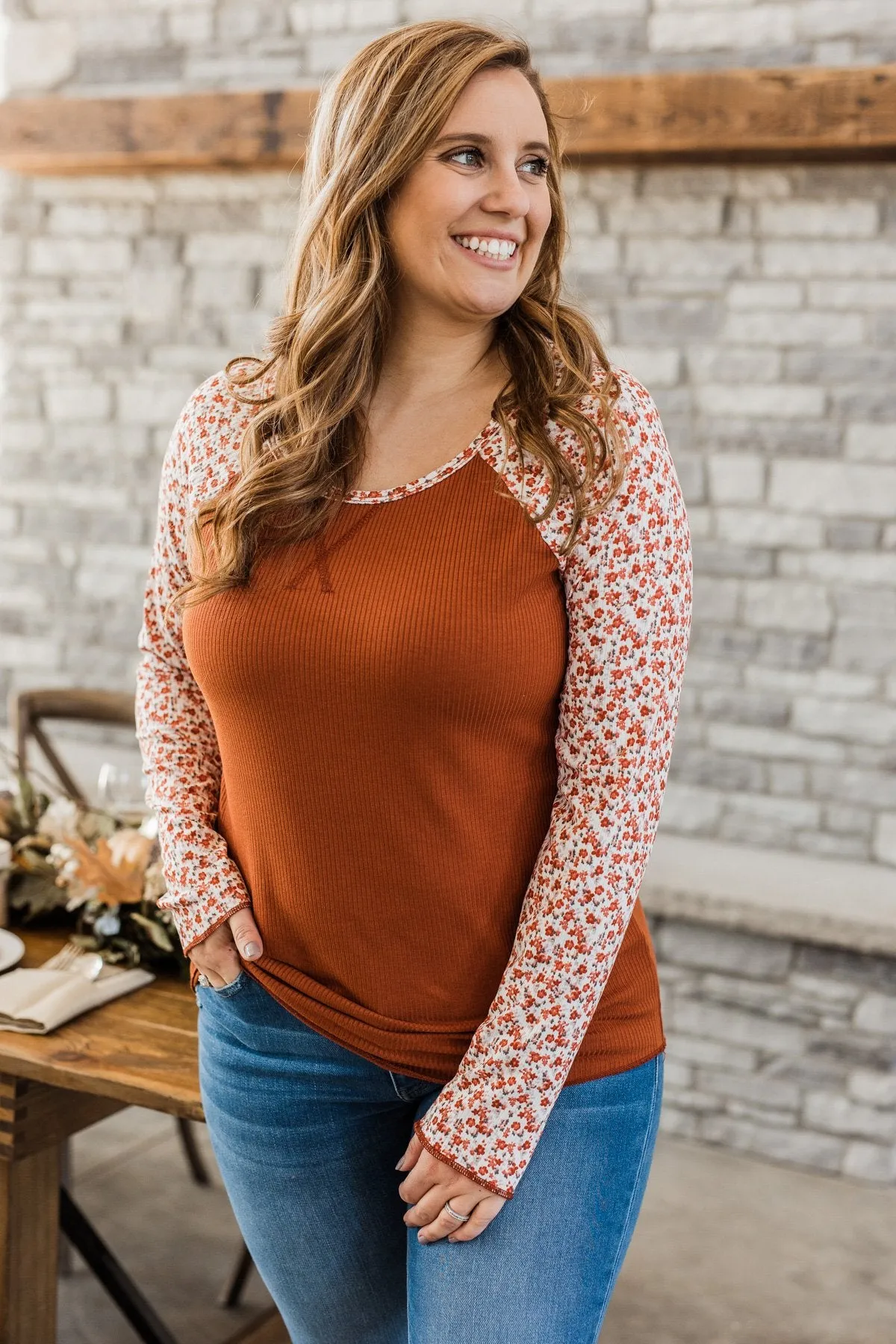 Rust Floral Ribbed Knit Top