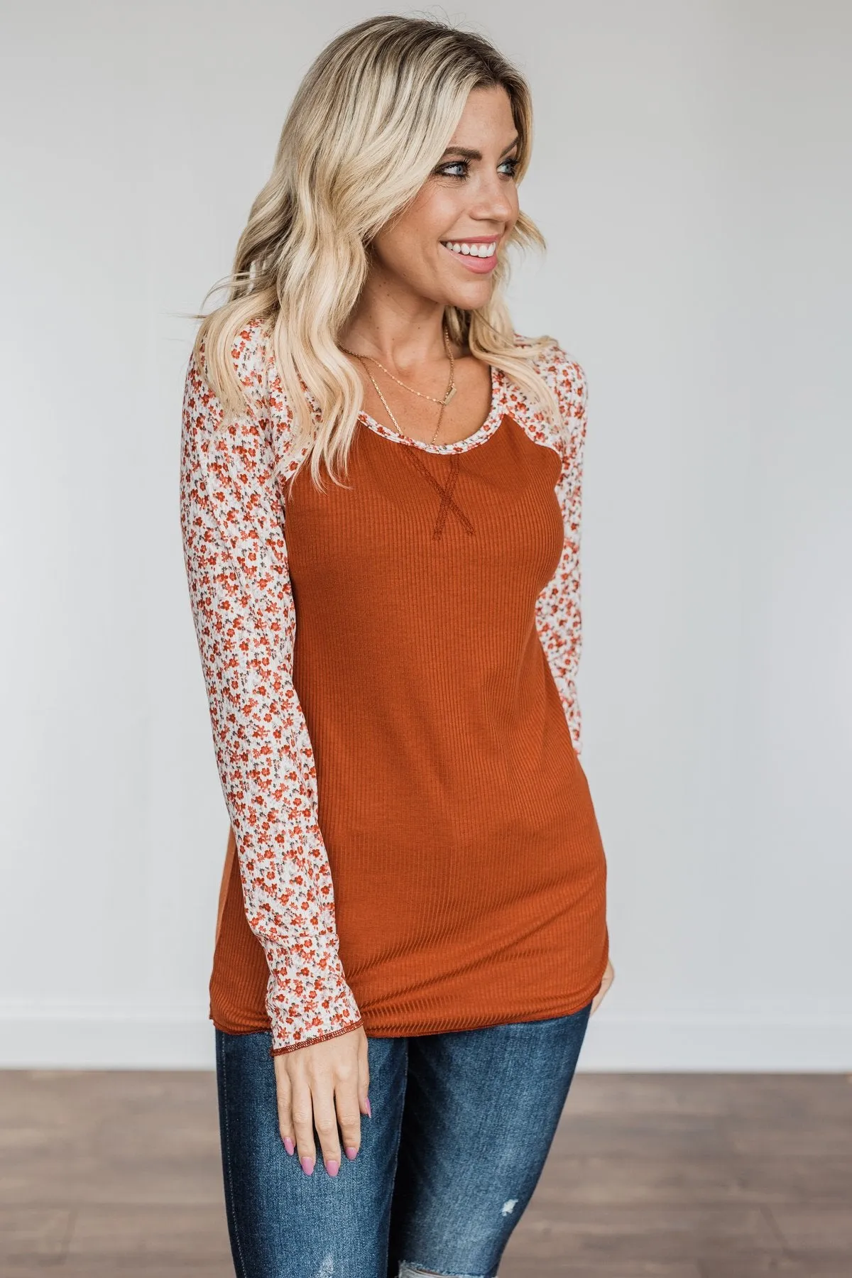 Rust Floral Ribbed Knit Top