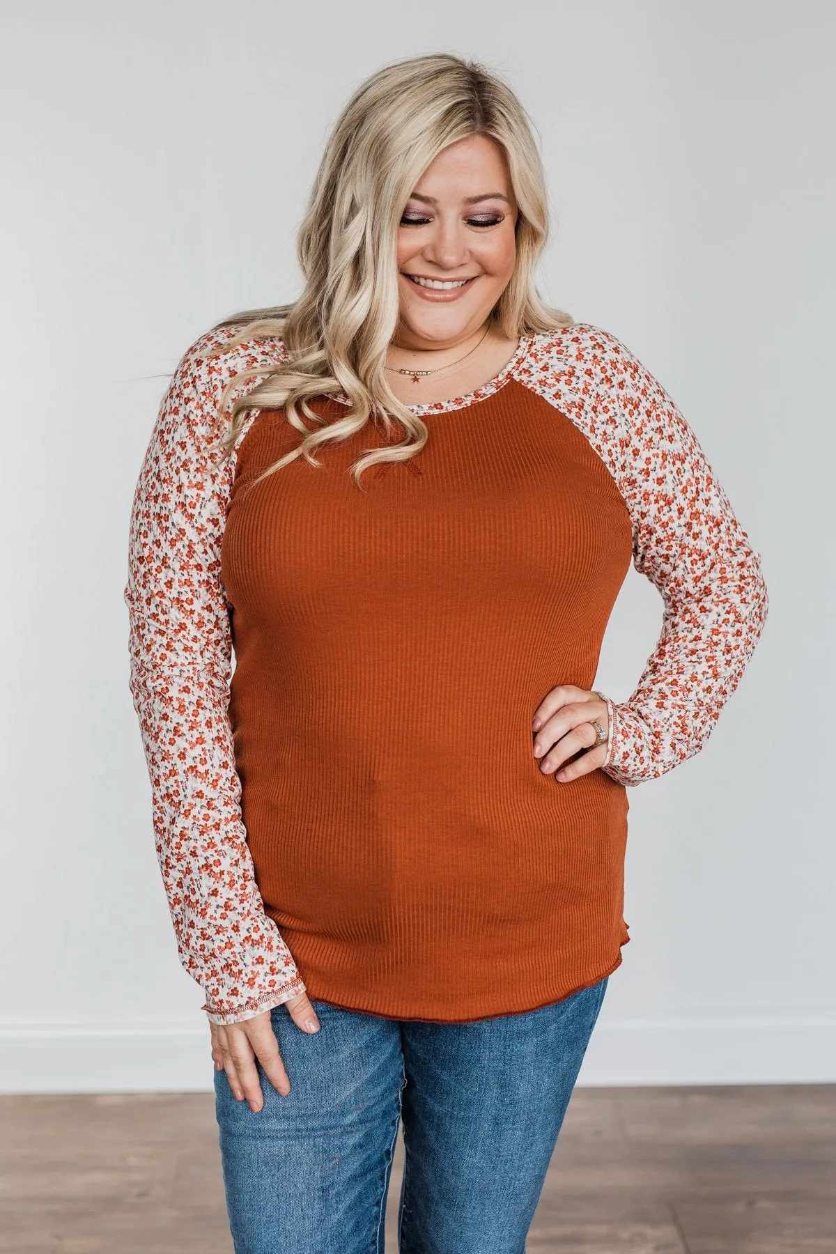 Rust Floral Ribbed Knit Top