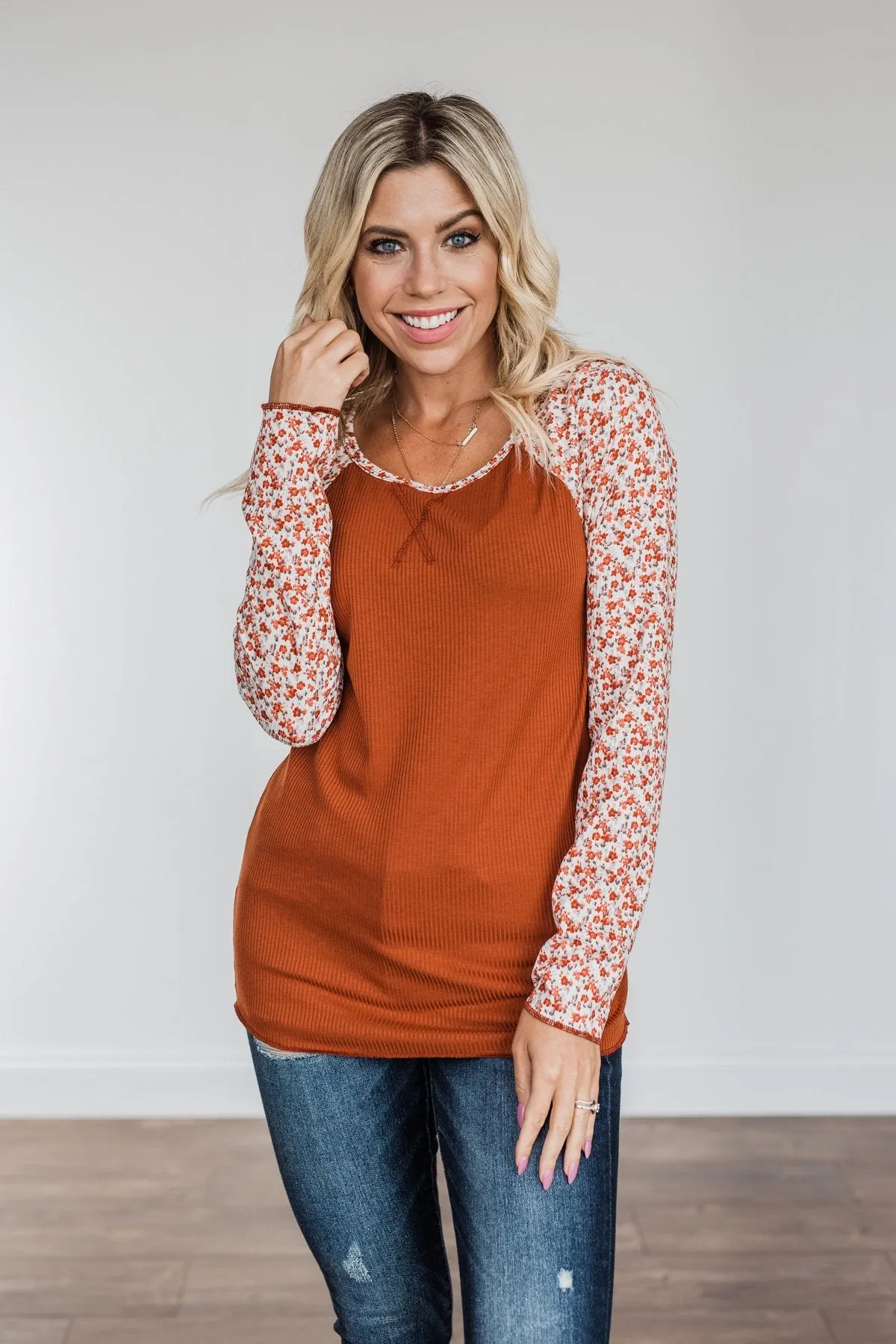 Rust Floral Ribbed Knit Top