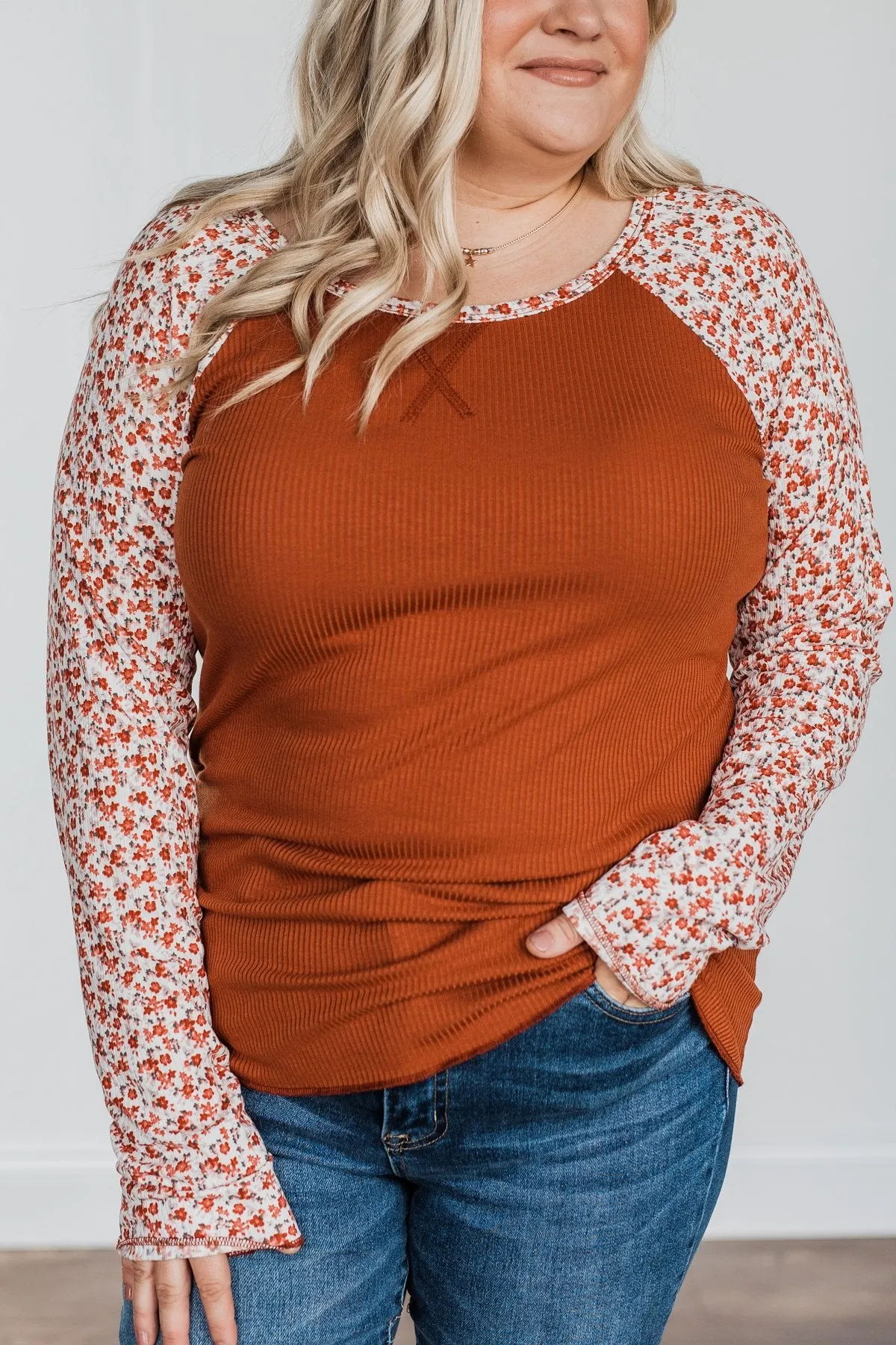 Rust Floral Ribbed Knit Top