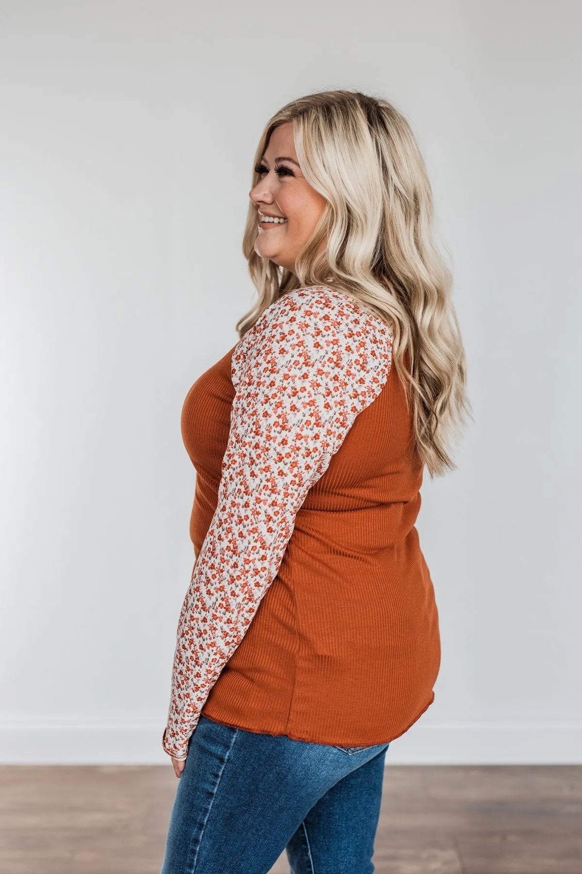 Rust Floral Ribbed Knit Top