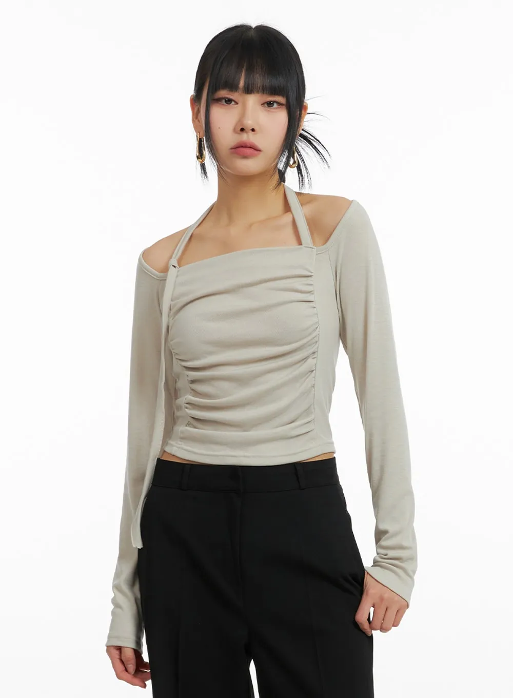 Halter Ruched Long Sleeve Top with Drawstring - IM414.