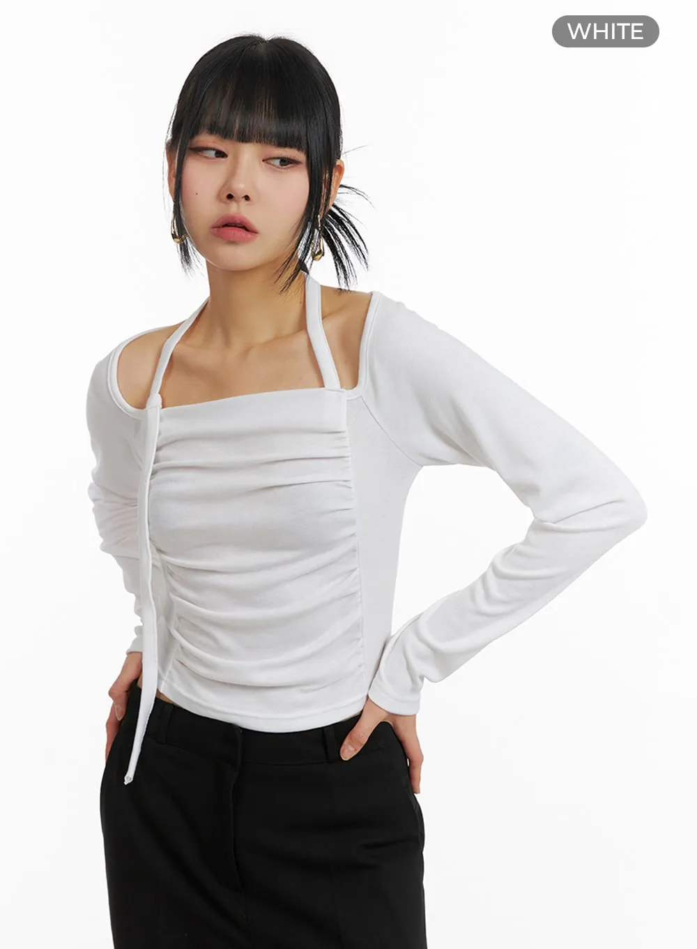 Halter Ruched Long Sleeve Top with Drawstring - IM414.