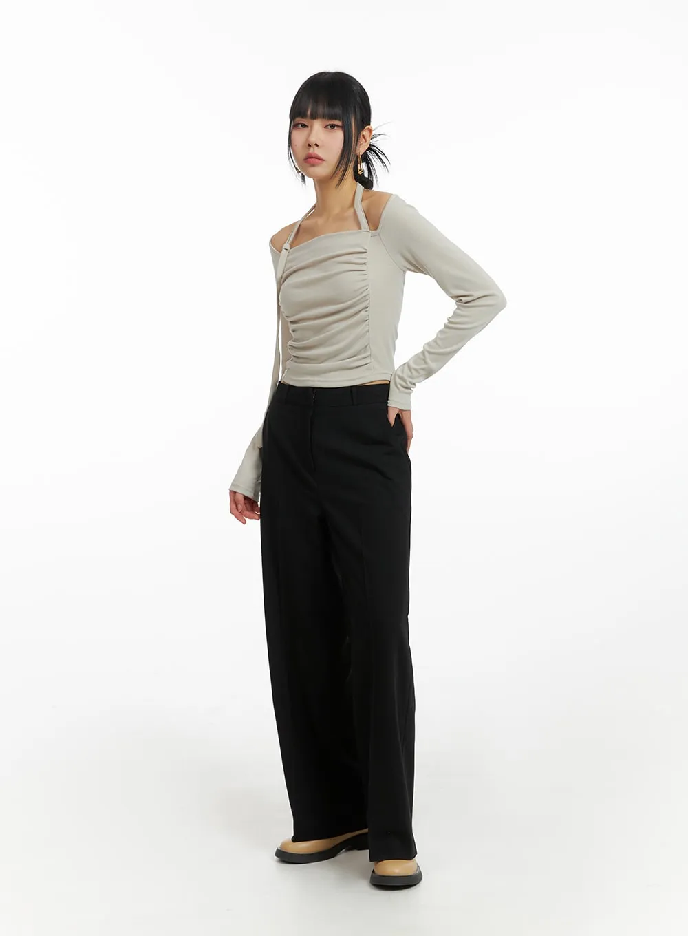 Halter Ruched Long Sleeve Top with Drawstring - IM414.