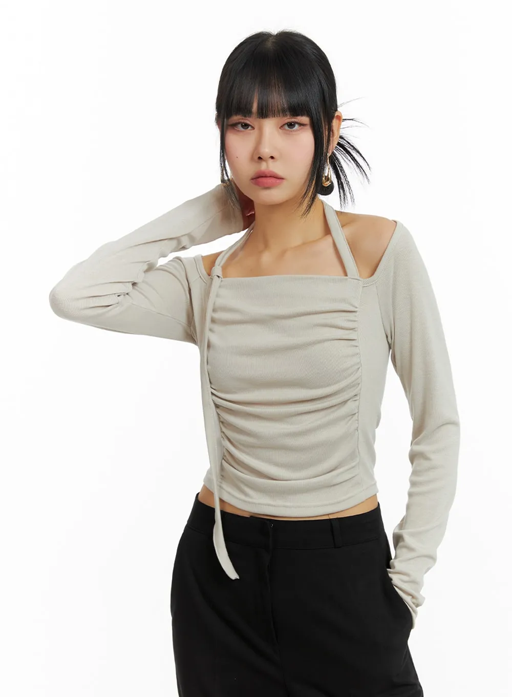 Halter Ruched Long Sleeve Top with Drawstring - IM414.