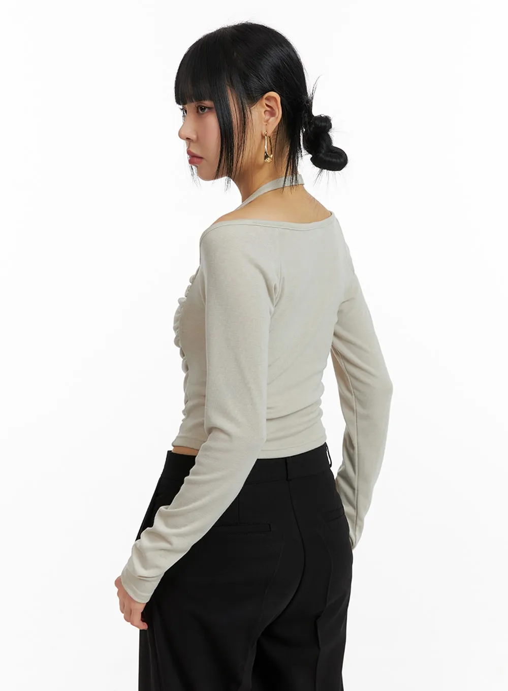 Halter Ruched Long Sleeve Top with Drawstring - IM414.