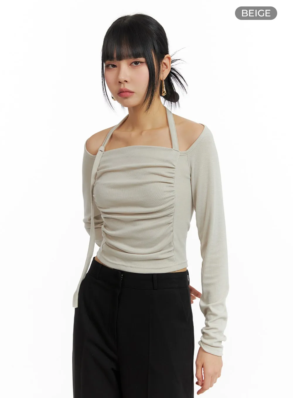 Halter Ruched Long Sleeve Top with Drawstring - IM414.