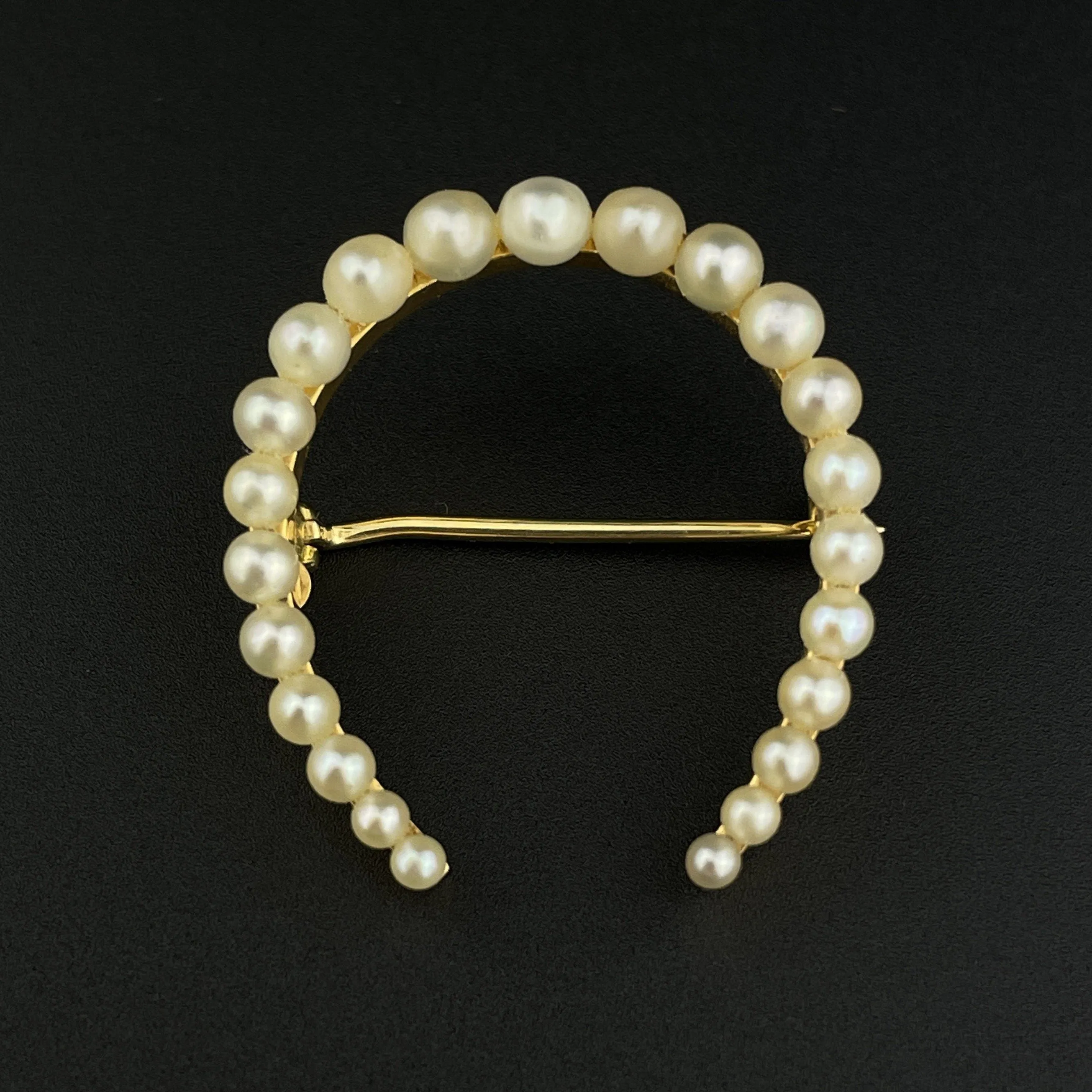 Edwardian 14K Gold Pearl Horseshoe Brooch Antique Charm Lucky