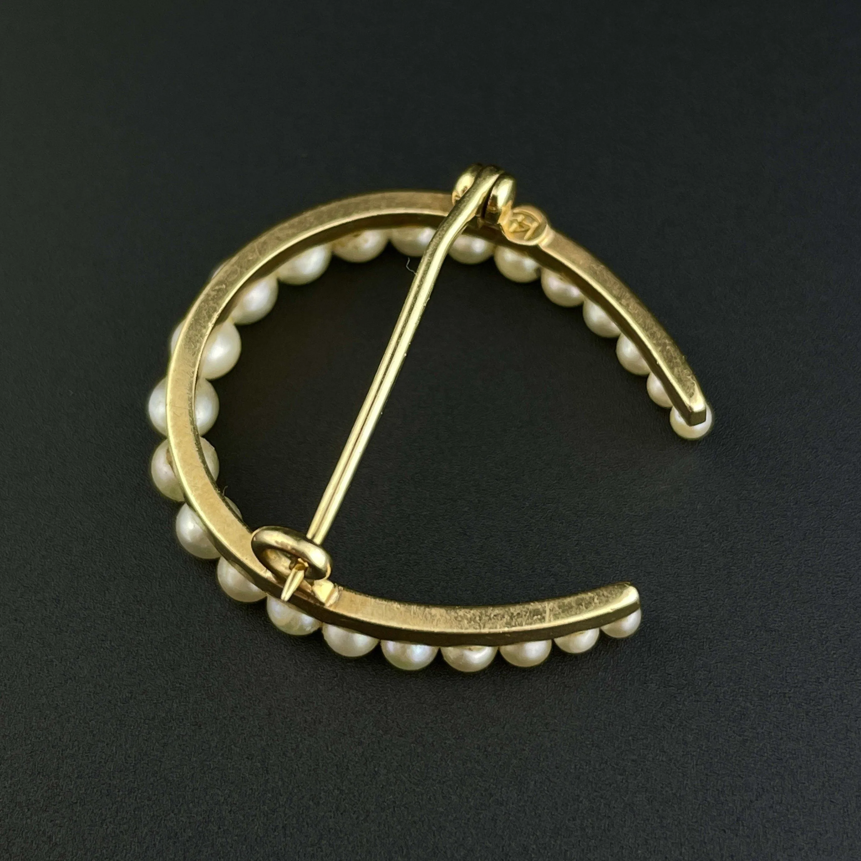 Edwardian 14K Gold Pearl Horseshoe Brooch Antique Charm Lucky