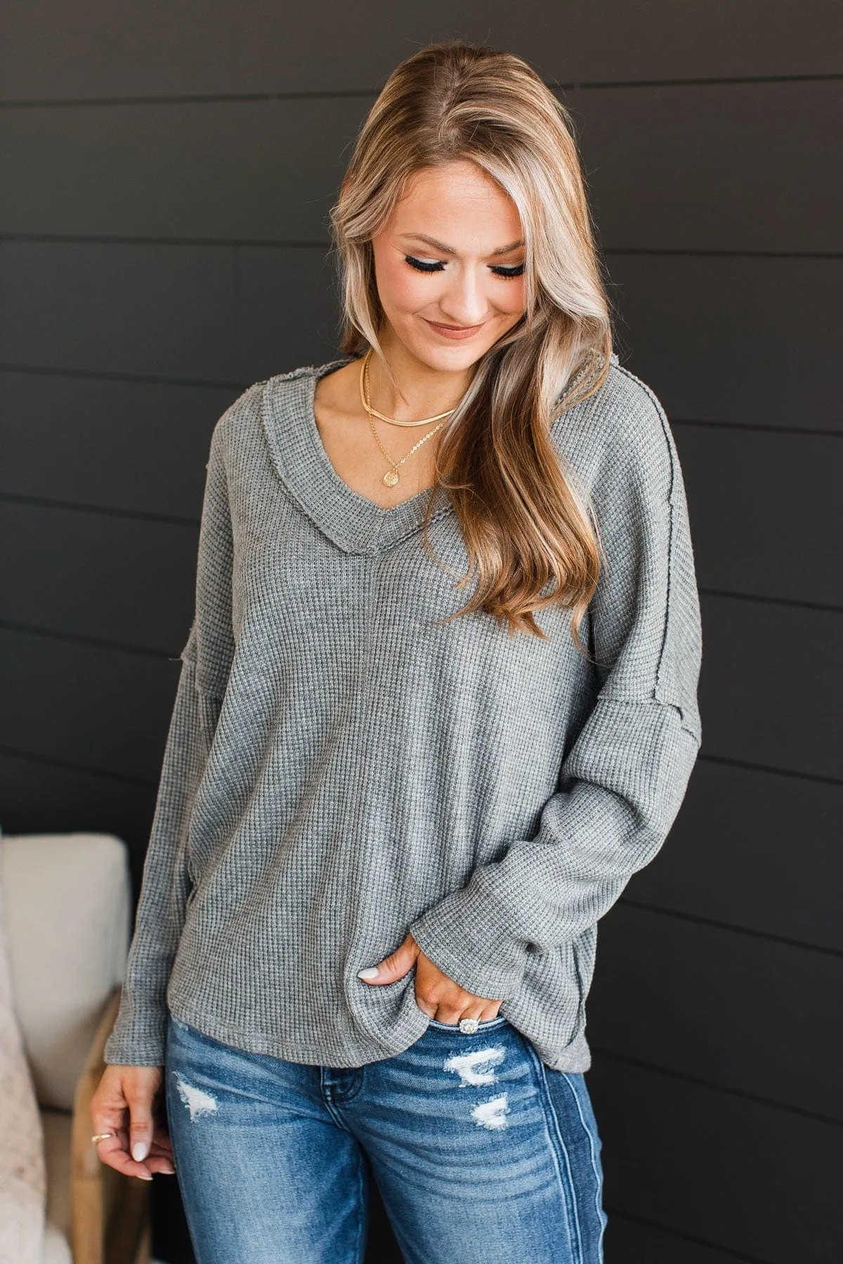 Happy V-Neck Knit Top in Grey