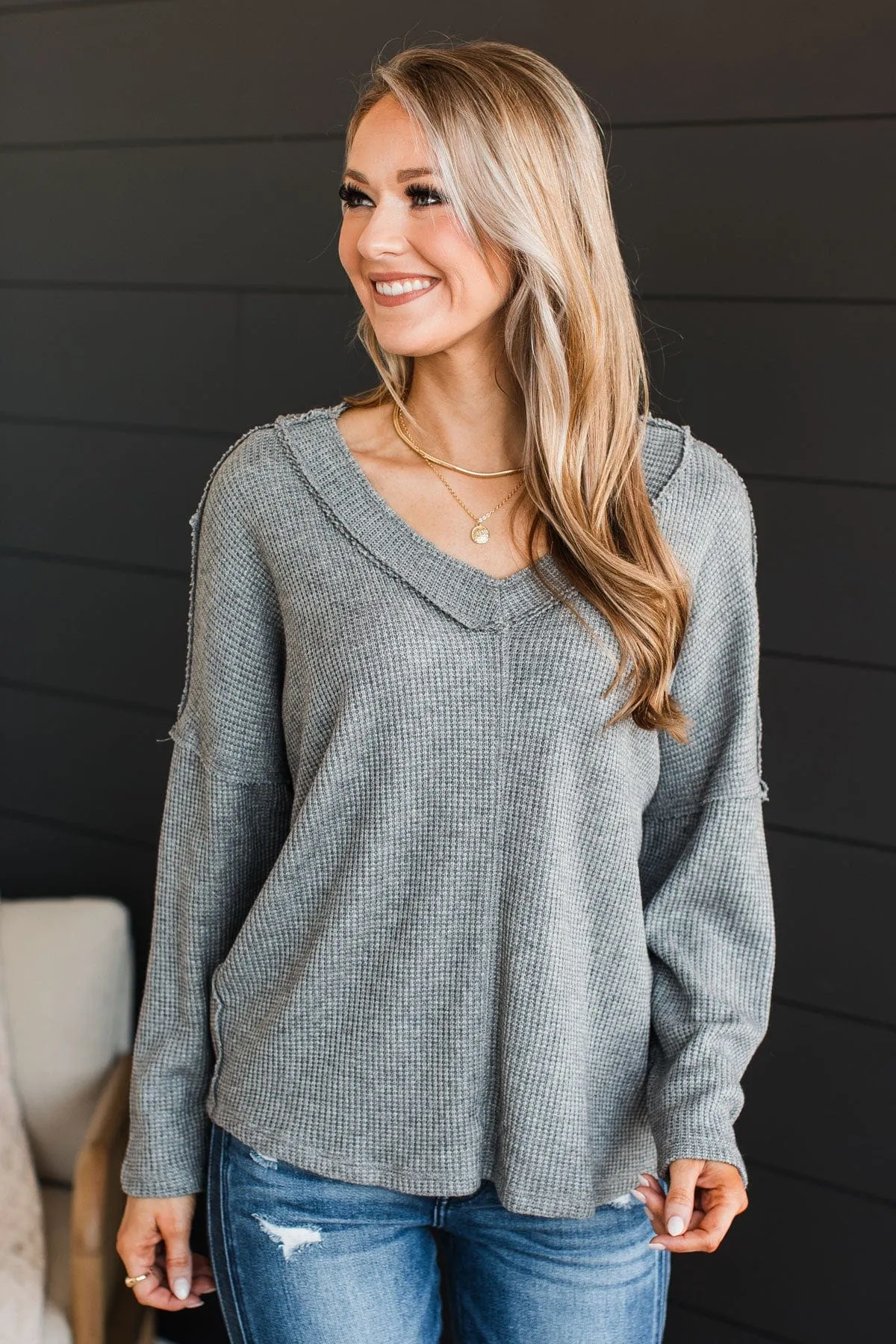 Happy V-Neck Knit Top in Grey