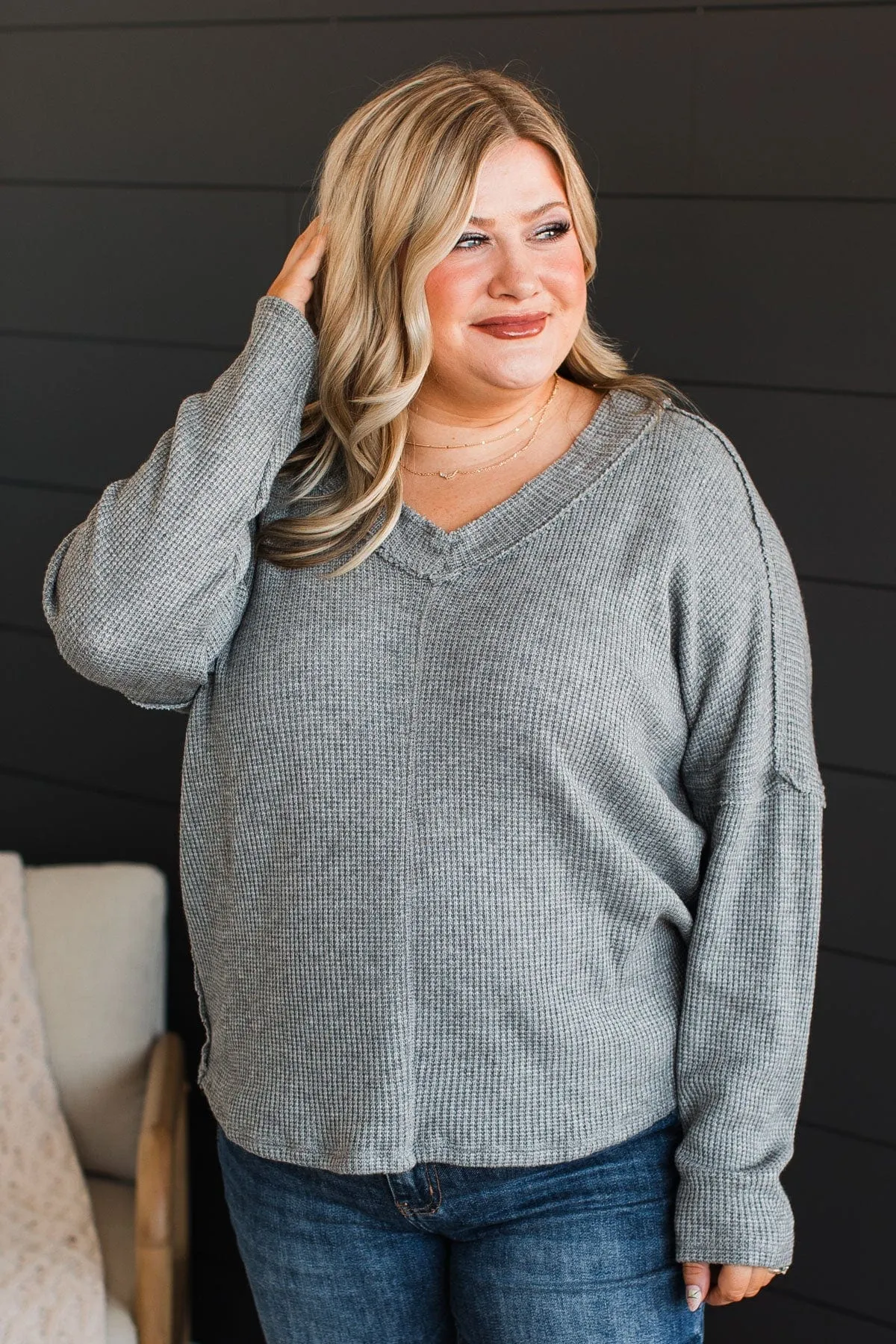 Happy V-Neck Knit Top in Grey