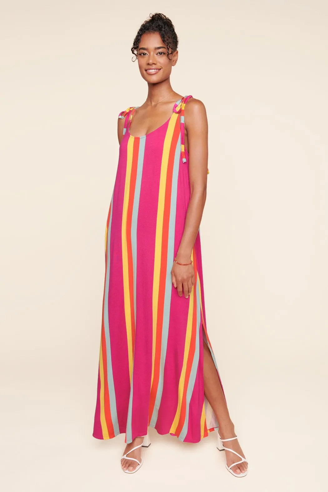 Eliza Striped Verona Tie Strap Jersey Knit Maxi Dress