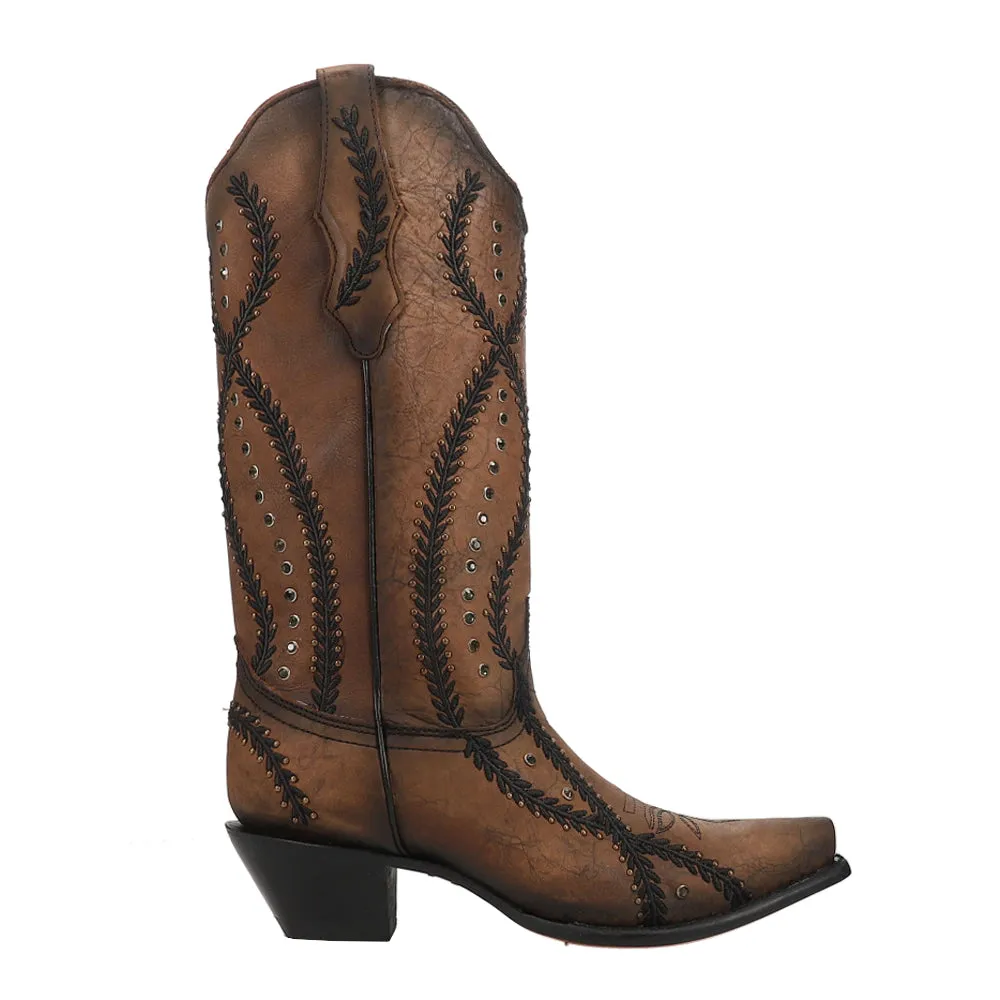 Embroidered Crystal Studded Snip Toe Cowboy Boots