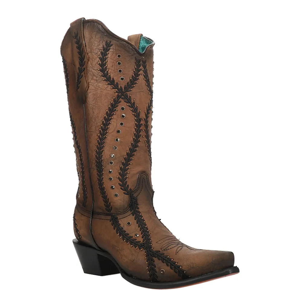 Embroidered Crystal Studded Snip Toe Cowboy Boots