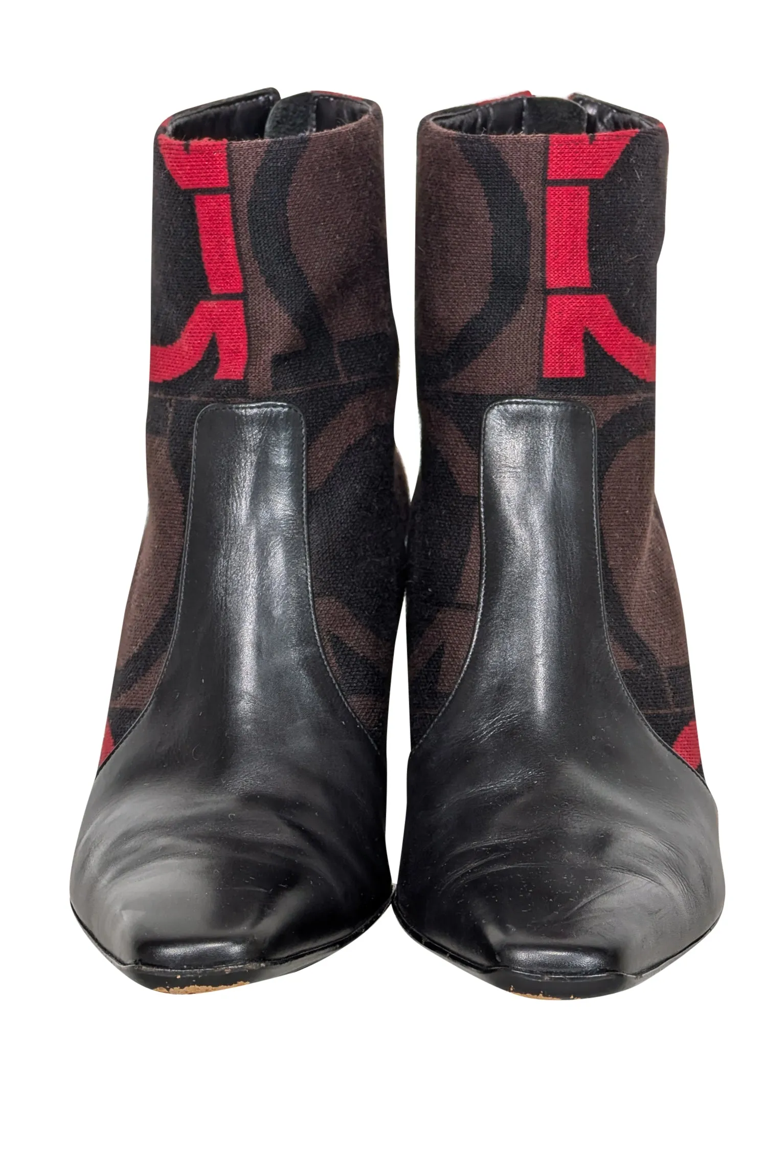 Ferragamo - Black Leather w/ Brown & Red Print Detail Short Boots Sz 9