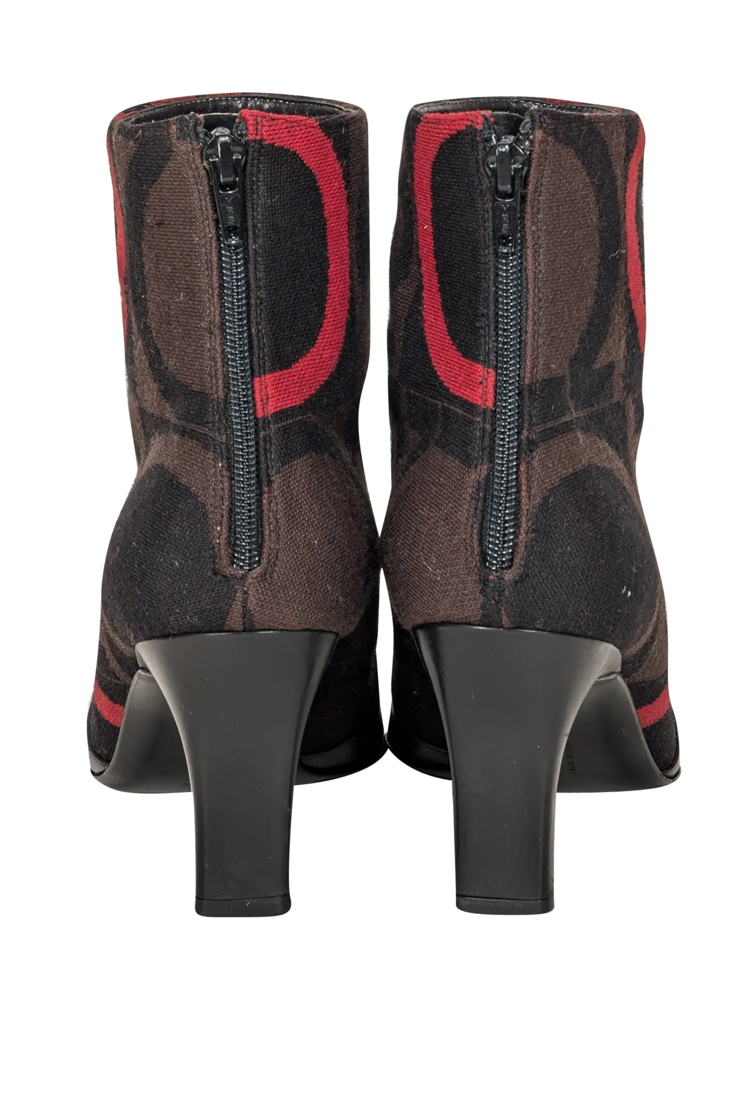 Ferragamo - Black Leather w/ Brown & Red Print Detail Short Boots Sz 9